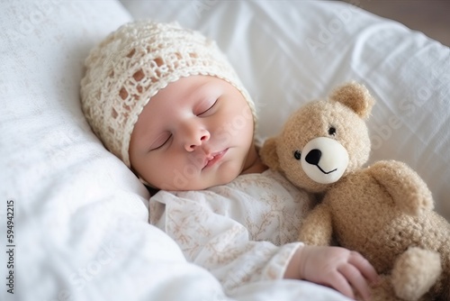 Cute newborn baby sleeps with teddy bear (Ai generated)