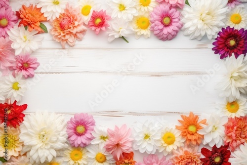 Flowers frame on white wooden background. Top view with blank space. AI-Generated.
