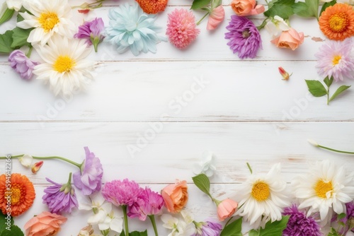 Flowers frame on white wooden background. Top view with blank space. AI-Generated.