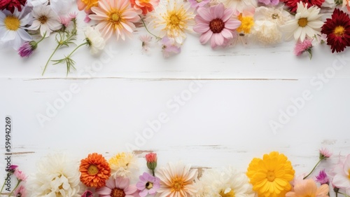 Flowers frame on white wooden background. Top view with blank space. AI-Generated.