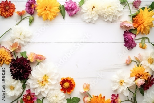 Flowers frame on white wooden background. Top view with blank space. AI-Generated.