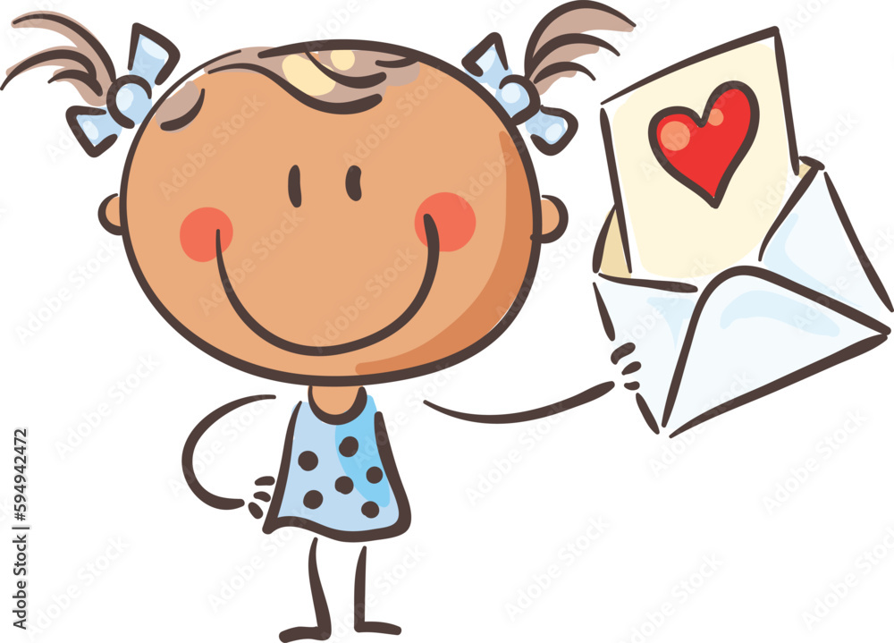 Doodle little girl holding greeting card with heart, cartoon kid illustration, valentine clipart Doodle little girl holding greeting card with heart, cartoon kid illustration, valentine clipart