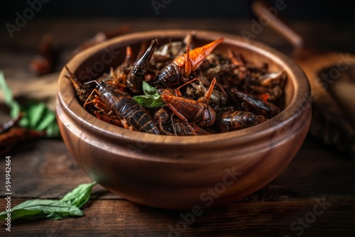 Brown edible crickets in wooden bowl. Insect Food, Entomophagy concept. Generative AI