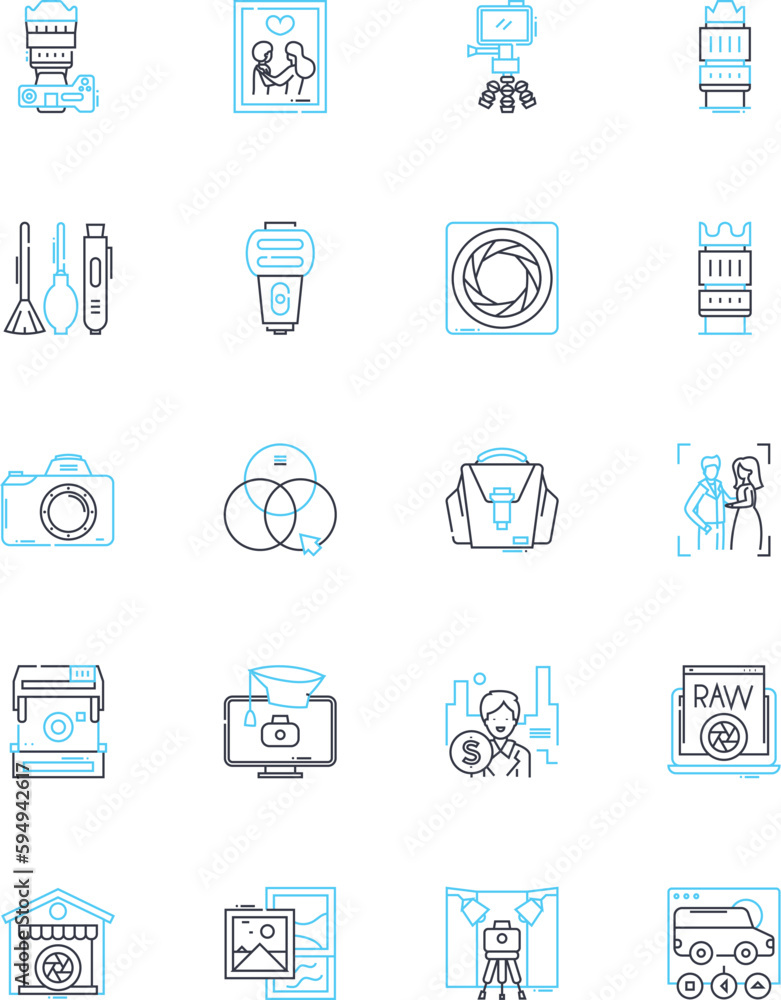 Sales photography linear icons set. Commerce, Visuals, Promote, Advertising, Catalogue, Marketing, Eyecatching line vector and concept signs. Persuasion,Presentation,Exposure outline illustrations