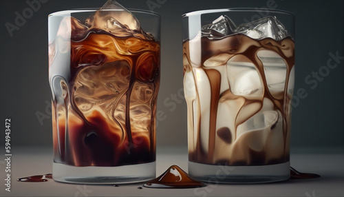 Iced coffee served in glasses isolated on dark background, Generative AI photo