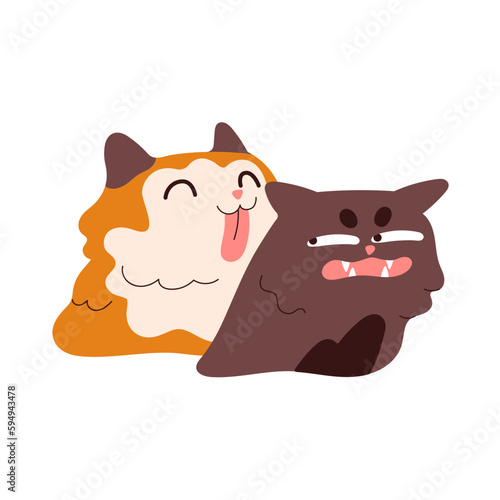 Funny nice friendly cat licking, flirting, disturbing, bothering annoyed pet. Cute kitties couple with different emotions. Amusing feline friends. Flat vector illustration isolated on white background