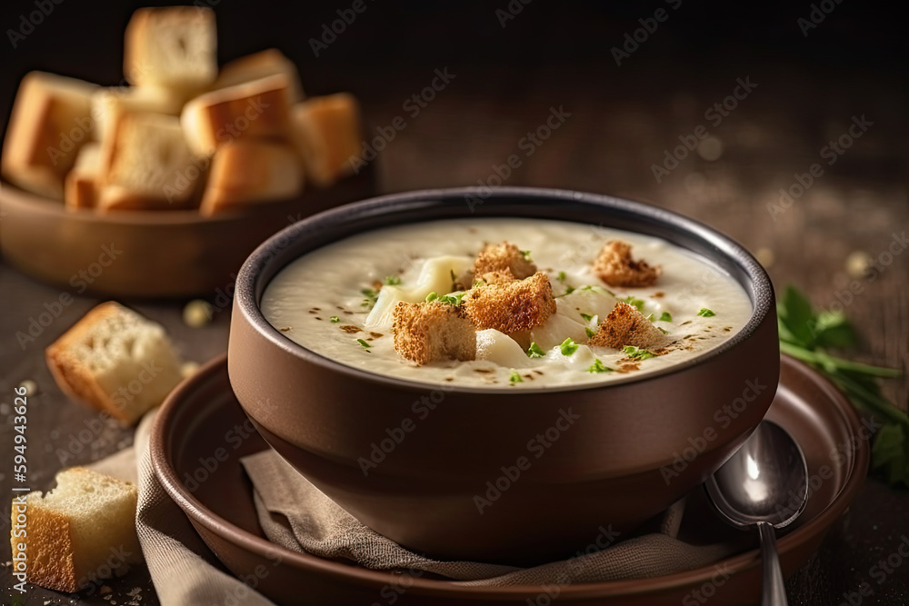 Creamy cauliflower soup on wooden table. AI genrative.