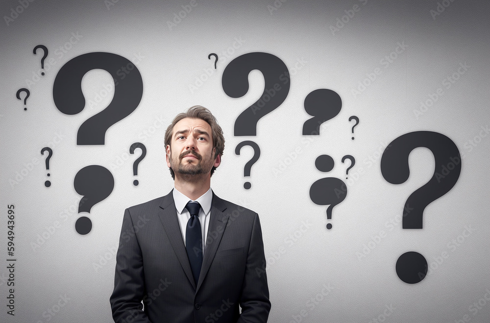 A businessman man is in thought, standing against a gray wall with question marks.. Generative AI. A businessman man is in thought, standing against a gray wall with question marks.. Generative AI.