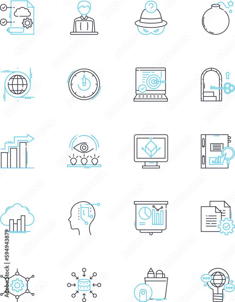 Information Analysis linear icons set. Scrutiny, Dissection, Examination, Interrogation, Synthesis, Interpretation, Evaluation line vector and concept signs. Inspection,Review,Investigation outline