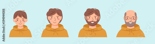 Avatars of man in different ages - from boy till elderly person in flat style.