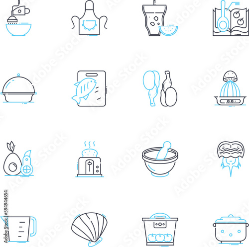 Servingware linear icons set. Plates, Bowls, Platters, Trays, Dishes, Utensils, Glassware line vector and concept signs. Cookware,Flatware,Napkin outline illustrations