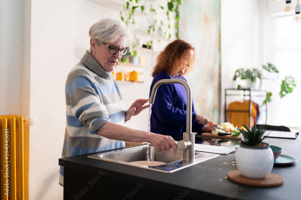 Gray haired elderly female in glasses washing dishes while redhead daughter cooking dinner in modern kitchen Gray haired elderly female in glasses washing dishes while redhead daughter cooking dinner in modern kitchen