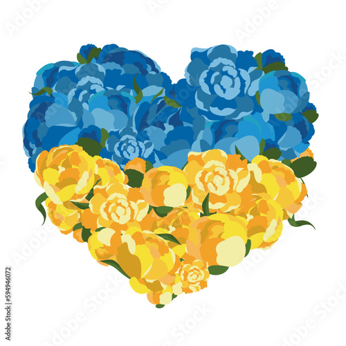 Blue and yellow Ukraine flag in heart silhouette and flowers. Concept of freedom and peace. Stop war and military aggression. Vector illustration