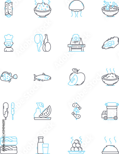 Smorgasbord linear icons set. Feast, Variety, Selection, Buffet, Spread, Assortment, Plenitude line vector and concept signs. Abundance,Array,Cornucopia outline illustrations