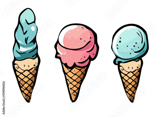 Set of Melting ice cream balls in the waffle cone isolated. Vector flat outline icon. Comic character in cartoon style illustration for t shirt design