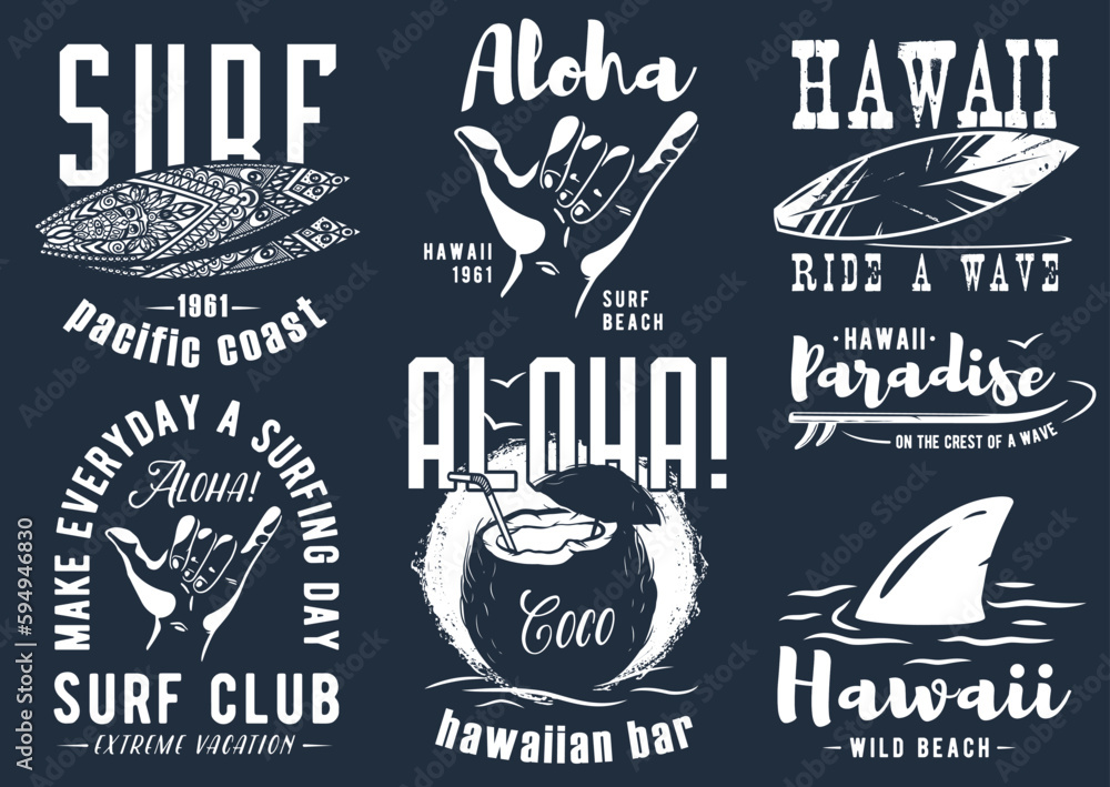 Fototapeta premium Summer surfing print set with surfer on wave. shaka, tiki mask and surfboard. Vector colored t-shirt hawaii apparel design