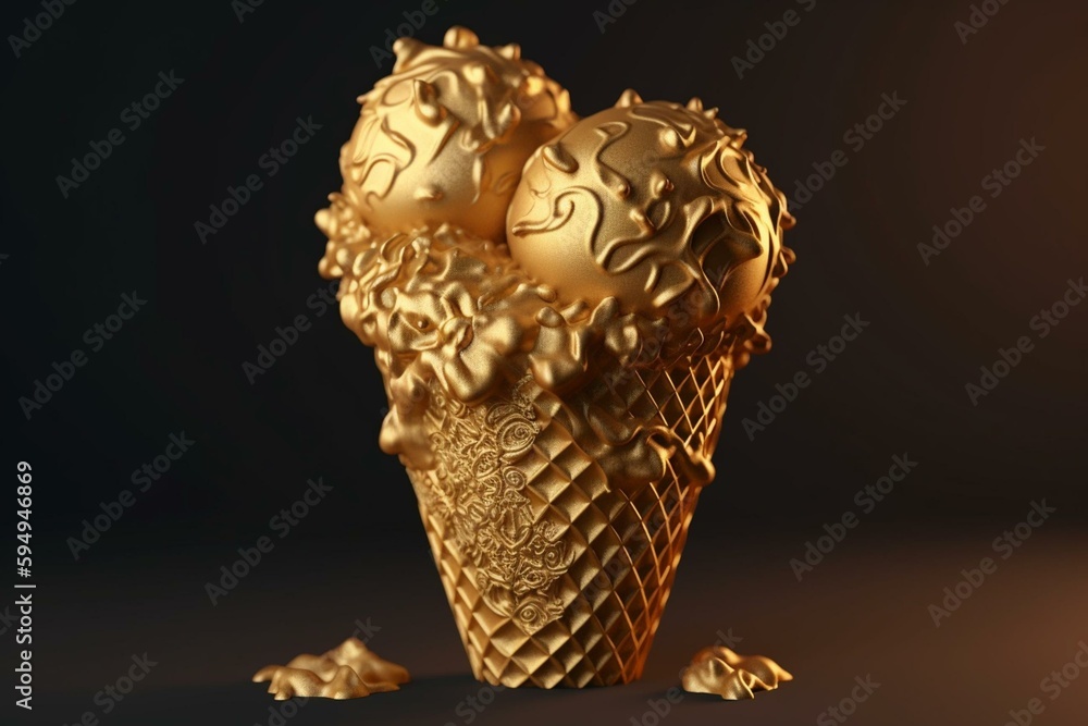 Golden Ice cream with heart decoration. .Generative Ai