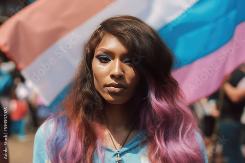 Beautiful fictional black asian transgender person with trans flag at gay pride, banner for pride month or Transgender Day of Rembrance