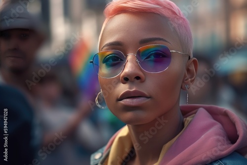 Beautiful black fictional queer, gay, lesbian bisexual, homosexual or transgender person with rainbow flag at gay pride, banner for pride month created with generative ai