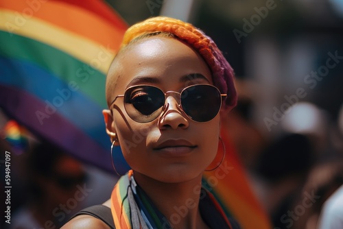 Beautiful black fictional queer, gay, lesbian bisexual, homosexual or transgender person with rainbow flag at gay pride, banner for pride month created with generative ai