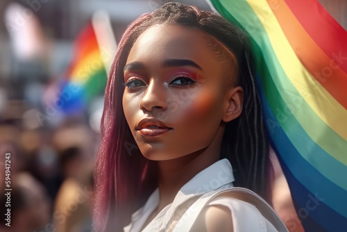 Beautiful black fictional queer, gay, lesbian bisexual, homosexual or transgender person with rainbow flag at gay pride, banner for pride month created with generative ai