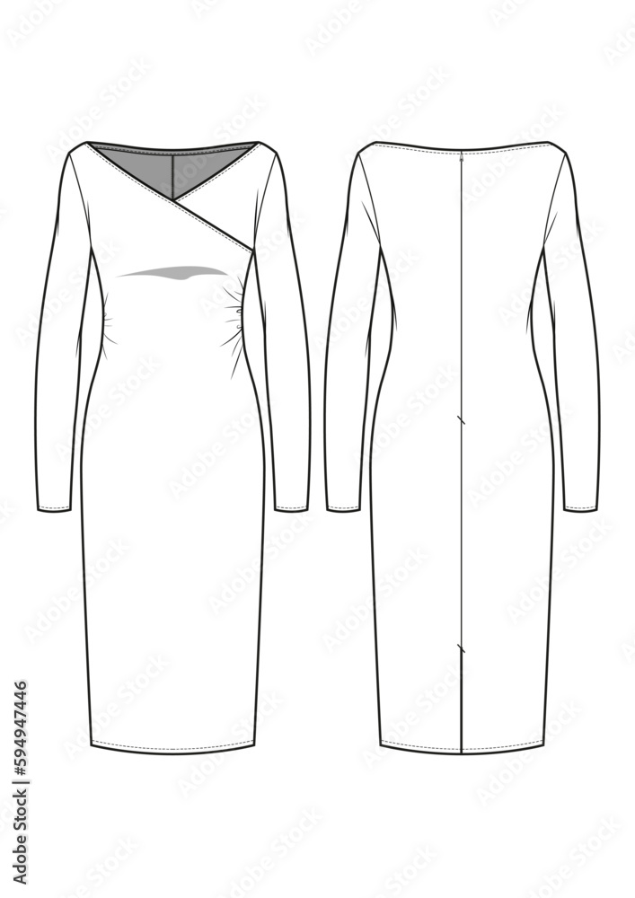 Womenswear wide v-neck faux wrap shirring detail long sleeve midi dress ...