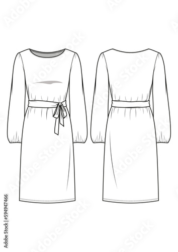 Womenswear long puff sleeve cinched waist strap midi dressfashion technical drawing / flat sketch /CAD / ADOBE Illustrator vector digital download