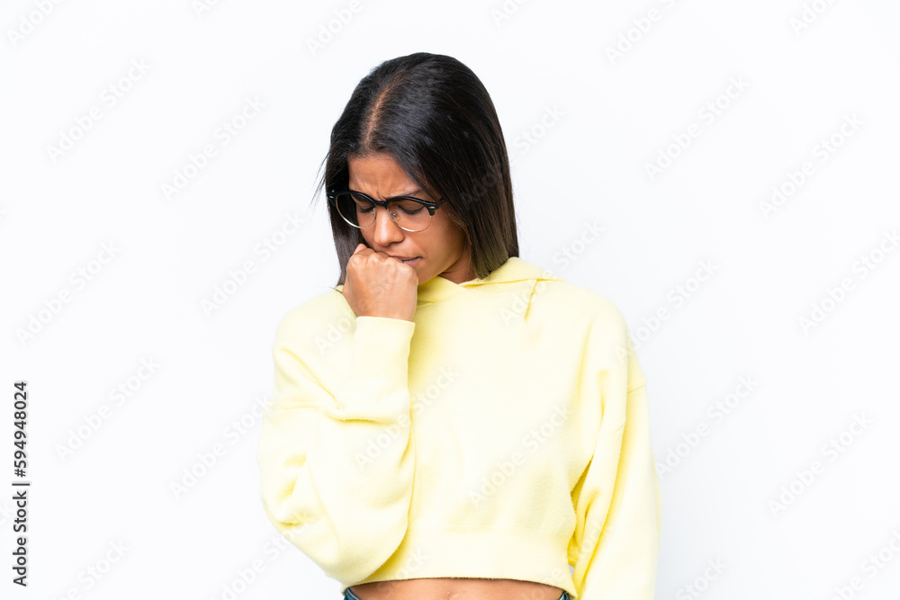 Young African american woman isolated on white background having doubts Young African american woman isolated on white background having doubts
