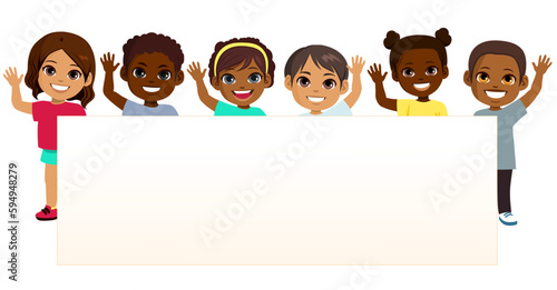 Vector illustration of diverse children boys and girls holding empty blank board waving hands. Smiling multiethnic kindergarten kids with placard