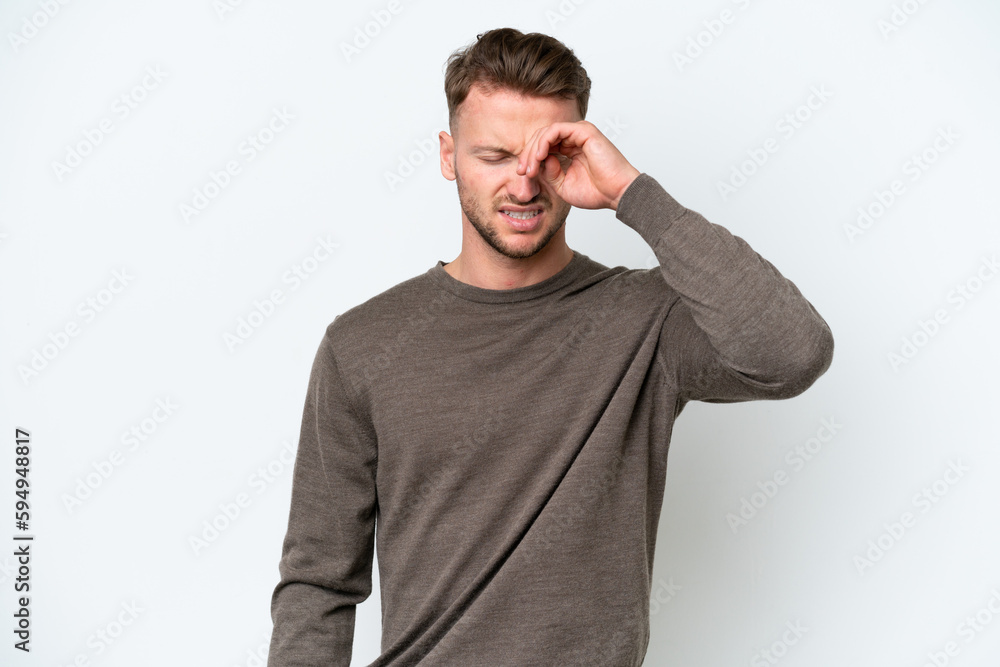 Young blonde caucasian man isolated on white background with tired and sick expression Young blonde caucasian man isolated on white background with tired and sick expression