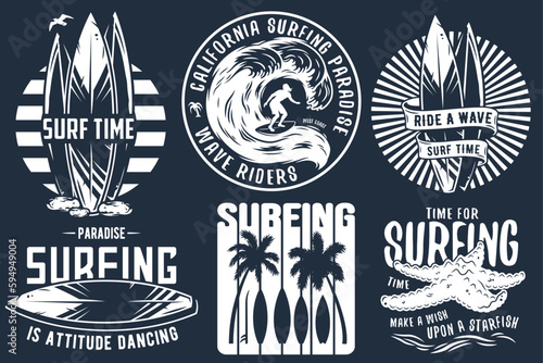 Summer surfing print set with surfer on wave. shaka, tiki mask and surfboard. Vector colored t-shirt hawaii apparel design