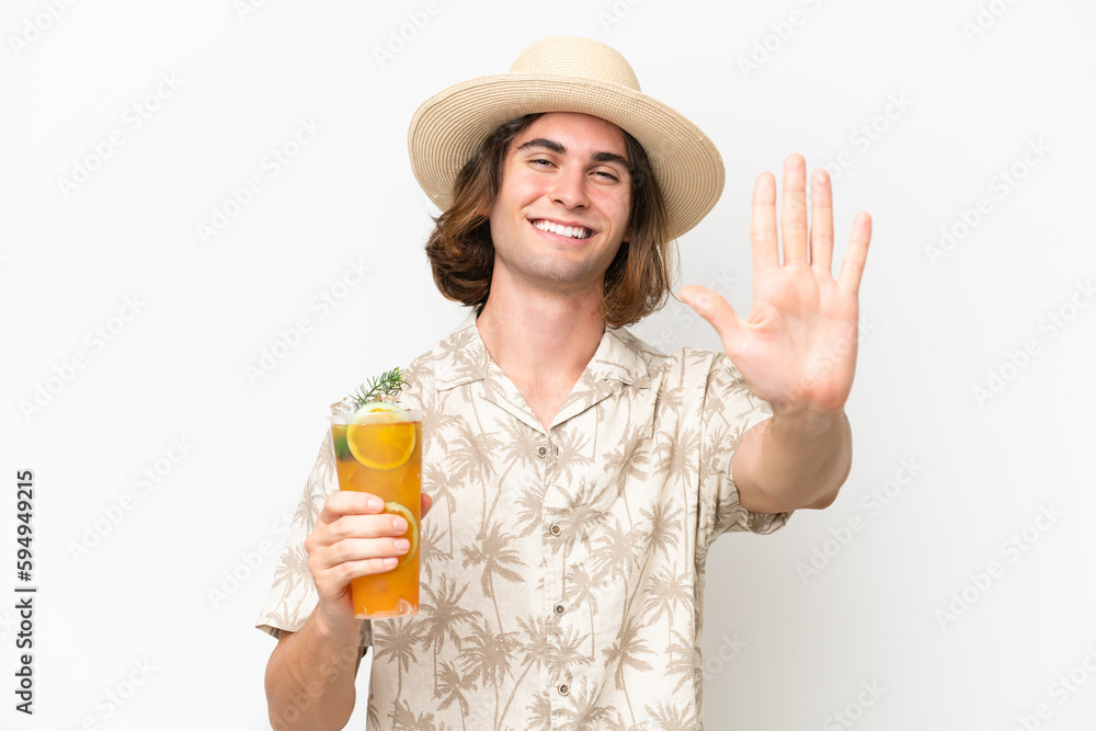 Young handsome man holding a cocktail isolated on white background counting five with fingers Young handsome man holding a cocktail isolated on white background counting five with fingers