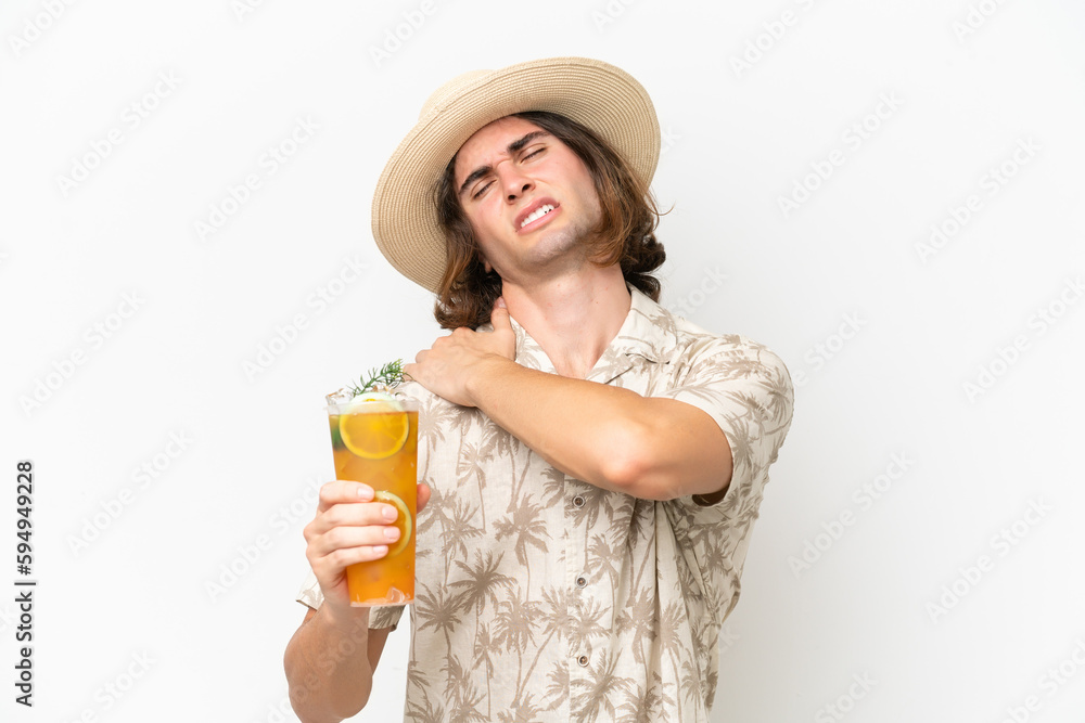 Young handsome man holding a cocktail isolated on white background suffering from pain in shoulder for having made an effort