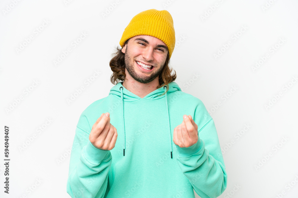 Young handsome man isolated on white chroma background making money gesture Young handsome man isolated on white chroma background making money gesture