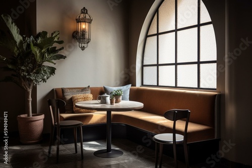 Arched cafe corner with sofa. Generative AI © Juan