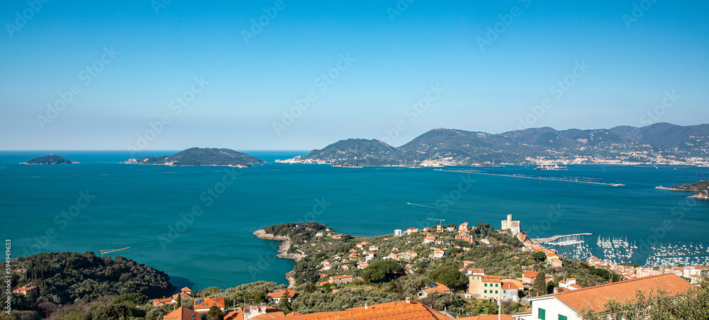 Fototapeta premium Elevated view of the Gulf of La Spezia, Liguria, Italy, Europe. Lerici town with the ancient castle, and Porto Venere, UNESCO world heritage site.
