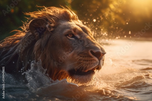 A lion is seen frolicking in the river  creating a splash with its movements  with generative AI technology