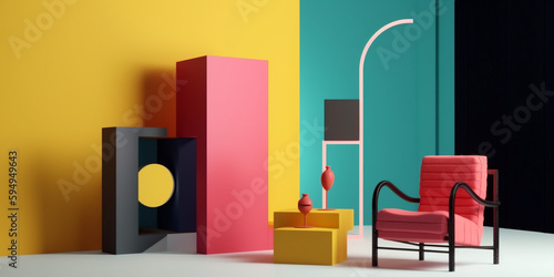 room memphis design art window colourful home interior armchair sofa geometric. Generative AI.