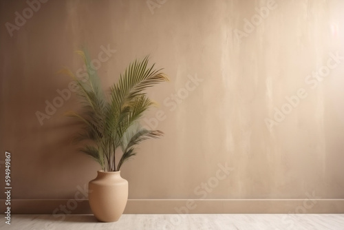vase concrete decor design shadows sunlight beige interior home table wall. Generative AI.