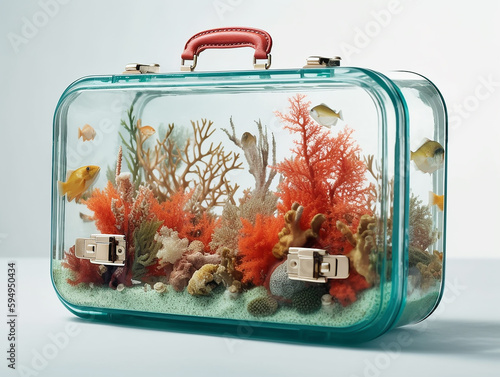la valigia delle vacanze trasparente, con dentro un vero acquario maldiviano, pesci e coralli, concetto di viaggio, sfondo neutro, creata con intelligenza artificiale,  photo