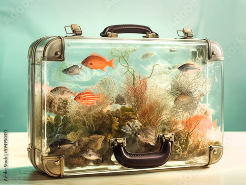la valigia delle vacanze trasparente, con dentro un vero acquario maldiviano, pesci e coralli, concetto di viaggio, sfondo neutro, creata con intelligenza artificiale,  photo