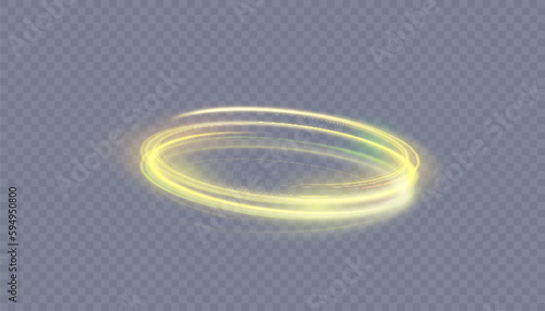 Abstract neon gold ring with a green tint. A bright plume of luminous rays swirling in a fast spiraling motion. Light golden swirl. Curve gold line light effect. Vector	
