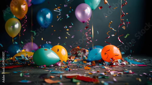 A festive birthday party scene with colorful balloons and confetti