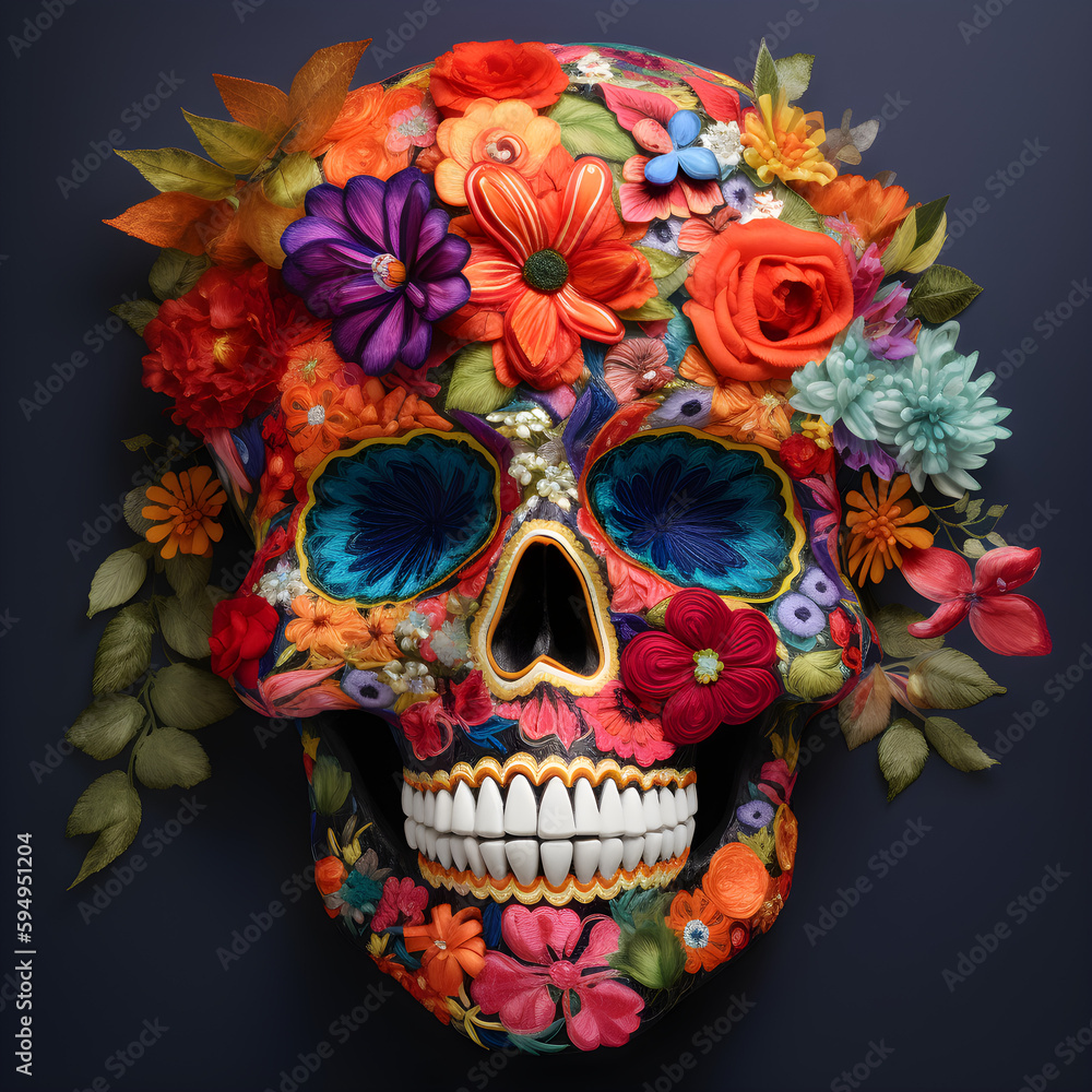 Vibrant Dia de los Muertos Folk Art Painted and Embroidered Skull Created with Generative AI technology Vibrant Dia de los Muertos Folk Art Painted and Embroidered Skull Created with Generative AI technology