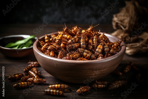 Brown edible crickets in wooden bowl. Entomophagy concept. Generative AI photo