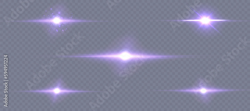 Set of purple glowing light effects isolated on transparent background. light lines. Solar flare with rays and glare. glow effect. Starburst with shimmering sparkles.	