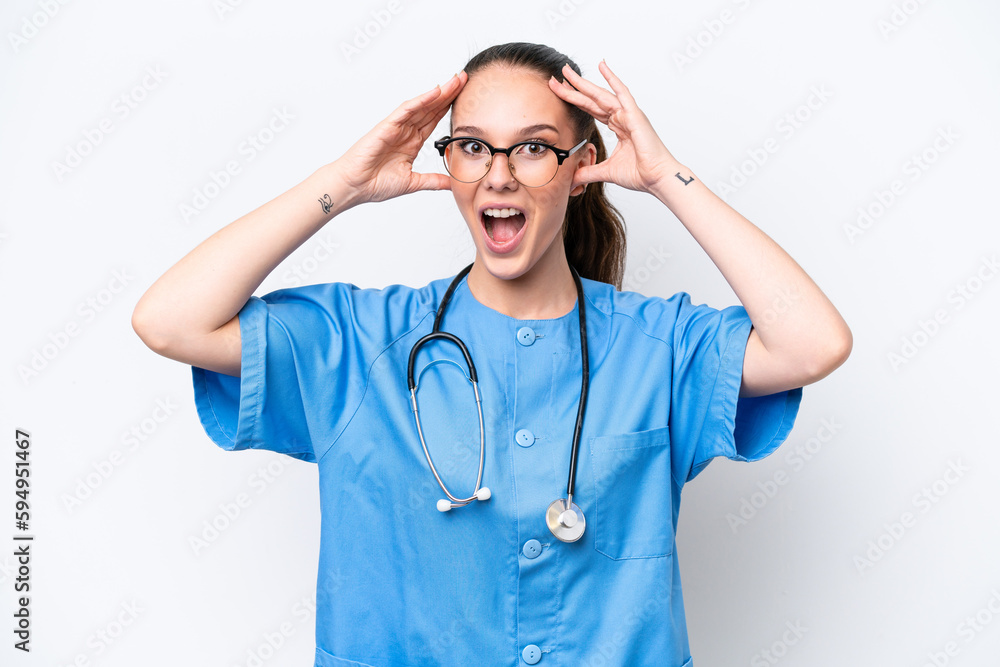Young caucasian surgeon doctor woman isolated on white background with surprise expression Young caucasian surgeon doctor woman isolated on white background with surprise expression