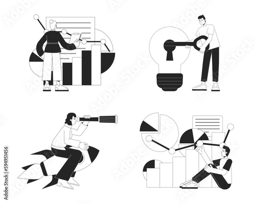 Stealth mode startup strategy bw concept vector spot illustrations pack. 2D cartoon flat line monochromatic characters for web UI design. Editable hero images set for landing page, mobile header