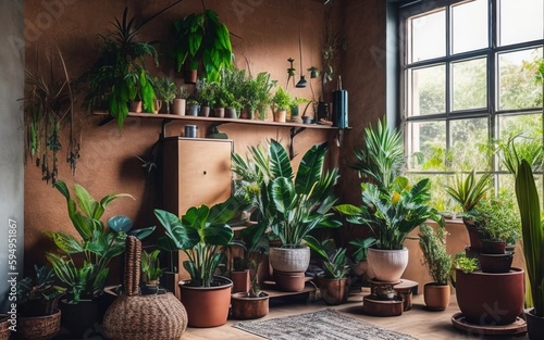 indoor garden with plants, generative ai 
