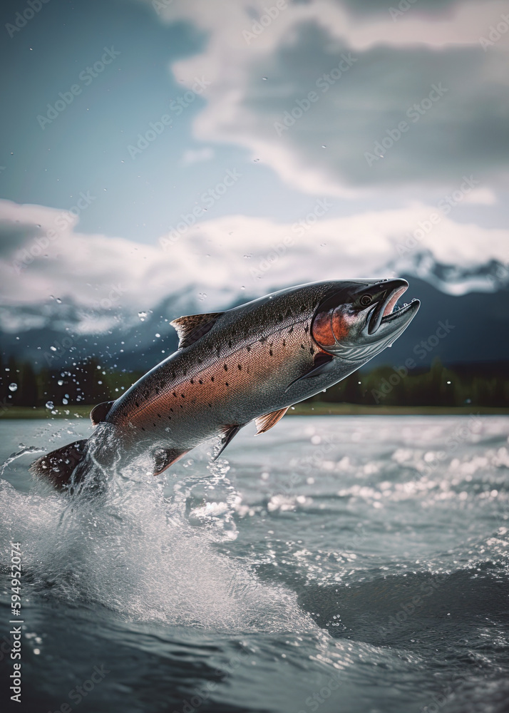 Obraz premium Salmon jumping out of water in Alaskan river. Generative Ai